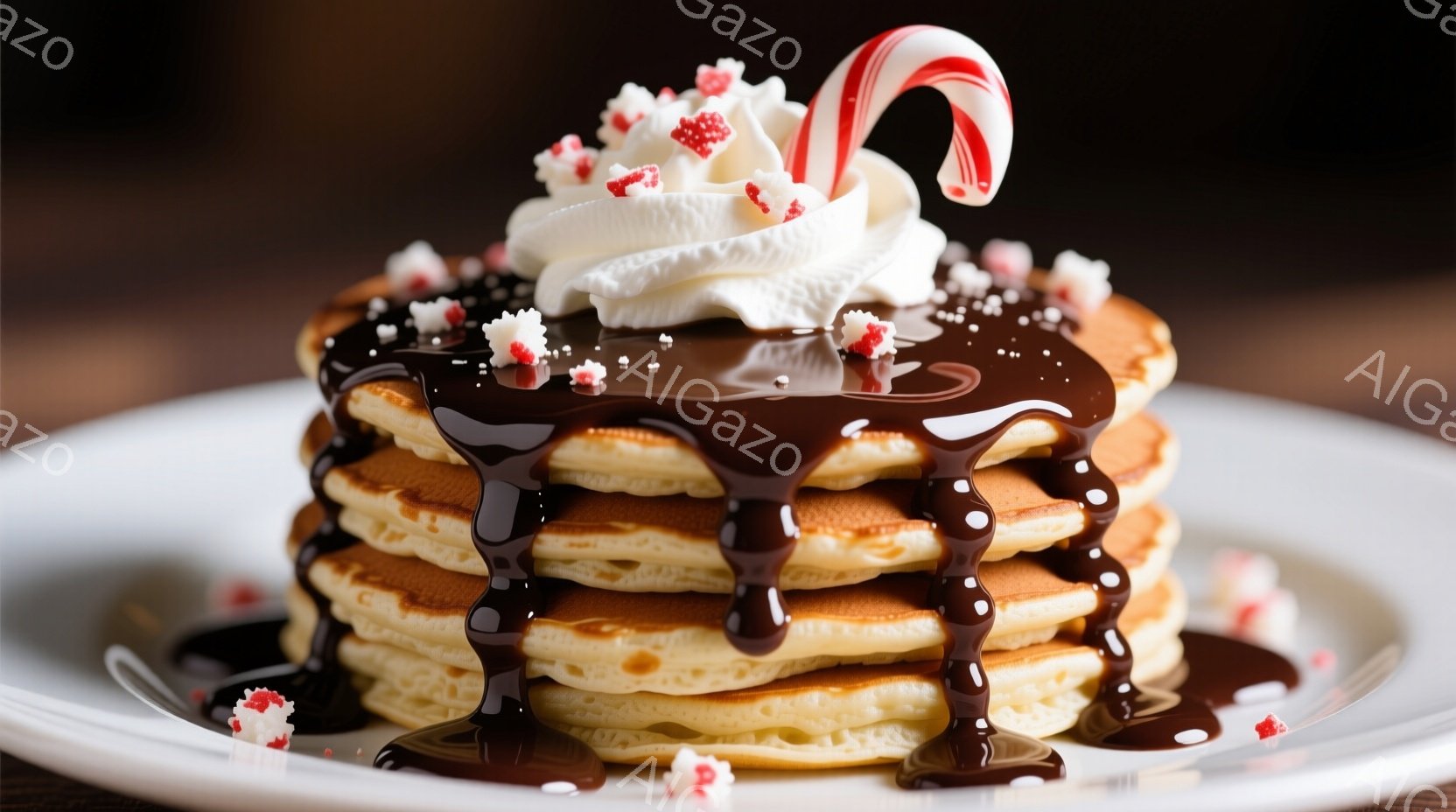 白い皿の上に、チョコレートソースとホイップクリーム、そしてペパーミントキャンディがトッピングされたパンケーキの山が積み重ねられています。パンケーキは黄金色でふっくらとしており、チョコレートソースはパンケーキの表面に美しく滴り落ちています。全体的に甘くて華やかな雰囲気が漂い、クリスマスのデザートとして最適です。