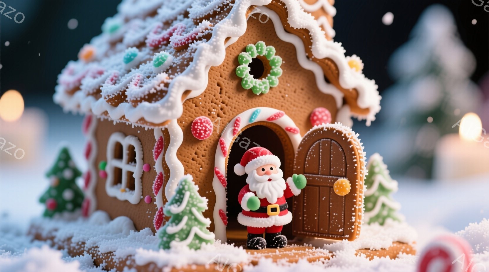 ジンジャーブレッドで作られた可愛らしい家が写っています。家の周りには雪が降り積もり、屋根や壁にはカラフルなキャンディやアイシングで飾られています。家の入り口には、赤い服を着て笑顔のサンタクロースの人形 - AI生成フリー素材