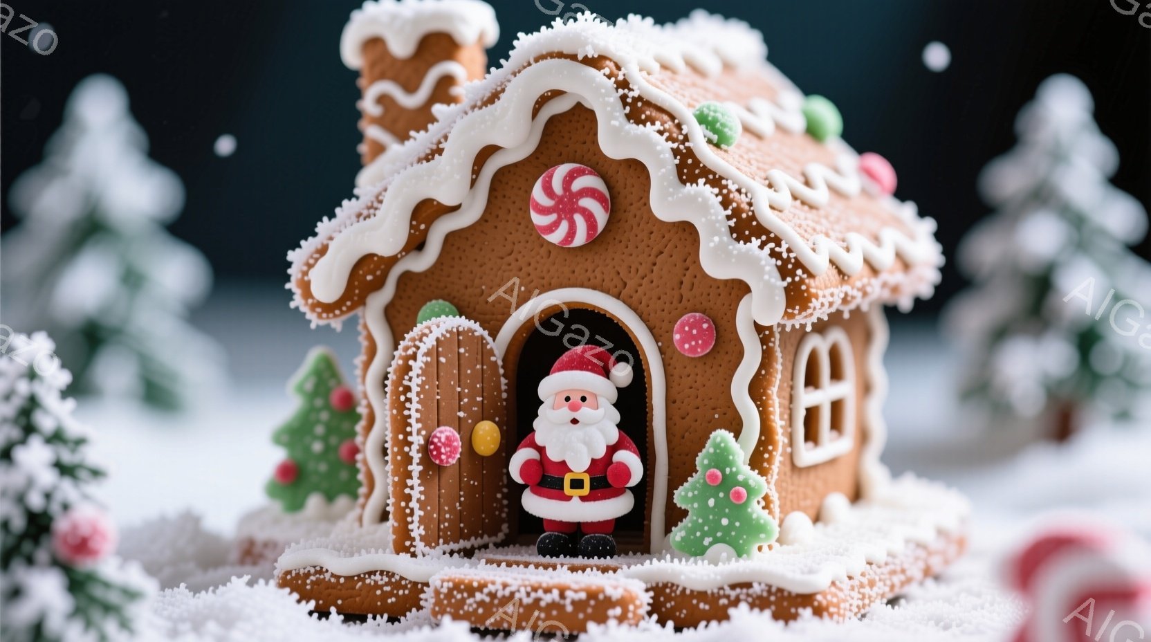 ジンジャーブレッドで作られた可愛らしい家が、雪景色の中に建っています。ドアの前にサンタクロースが立っており、赤い衣装と白いひげ、優しい笑顔が印象的です。背景には雪で覆われた木々があり、クリスマスの暖か - AI生成フリー素材