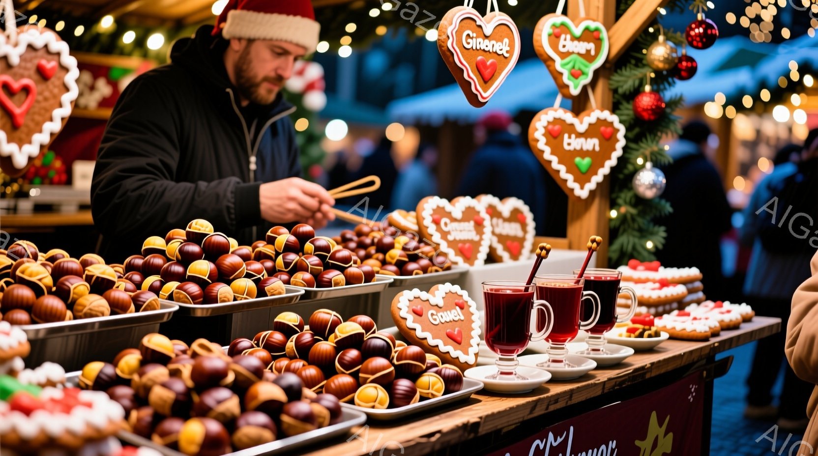 焼き栗の屋台が写っており、クリの香ばしい香りが漂ってきそうです。男性は黒いジャケットを着ており、クリを調理している様子から、屋台の店主であることがわかります。背景には、クリスマスツリーやイルミネーションが飾られ、冬の賑やかな市場の雰囲気が伝わってきます。