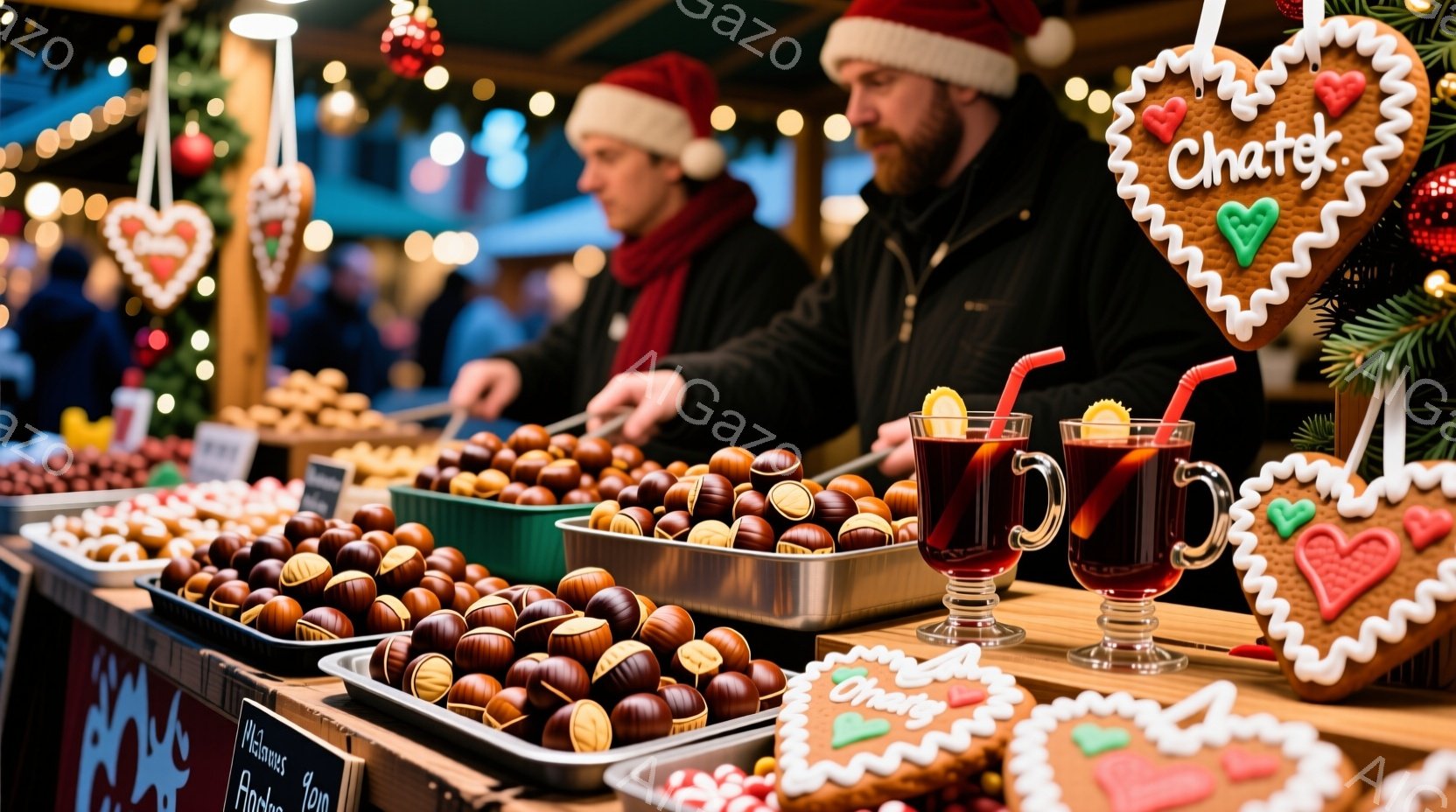 クリスマスマーケットの屋台が写っており、焼き栗やホットワイン、ジンジャーブレッドなどが並べられています。男性は黒いジャケットを着ており、女性は赤い帽子をかぶり、屋台の奥で何か作業をしている様子です。背景にはぼやけた光がちらつき、冬の夜の温かく賑やかな雰囲気が伝わってきます。