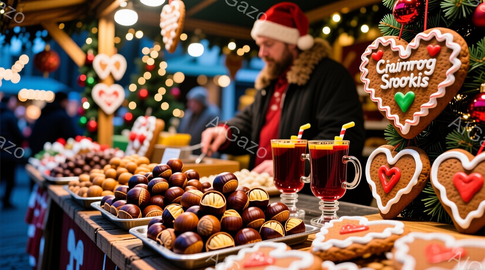 クリスマスマーケットの屋台が写っており、チョコレートで覆われた栗やジンジャーブレッドクッキーが並んでいます。男性店員は赤い帽子を被り、黒い服を着ており、何かを準備している様子です。背景にはぼやけた人々 - AI生成フリー素材
