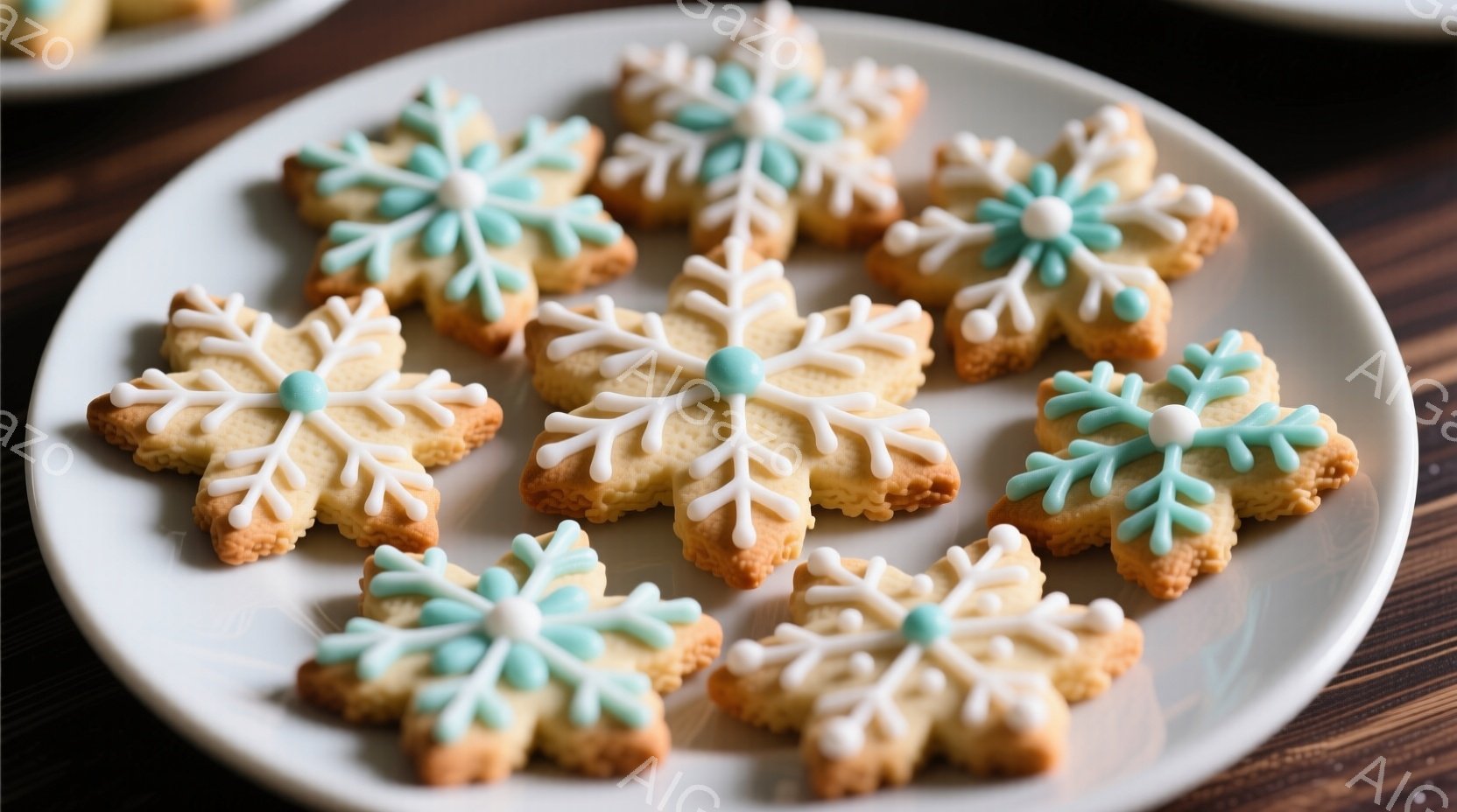 白いお皿の上に、アイシングで装飾された雪の結晶クッキーがいくつか並べられています。クッキーは黄金色で、水色のアイシングが中央と各先端に施され、冬の雰囲気を感じさせます。背景は木目調のテーブルで、全体的に温かく、手作りの温かみが伝わる印象です。