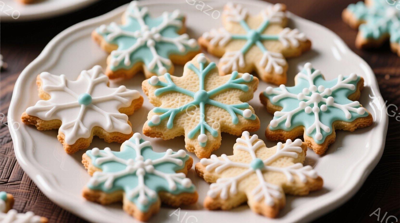 白いお皿の上に、雪の結晶の形をしたクッキーが並べられています。クッキーは薄い茶色で、水色のアイシングと白いアイシングでデコレーションされており、冬の季節やホリデーシーズンを連想させます。背景はぼやけていますが、木製のテーブルであることが分かります。