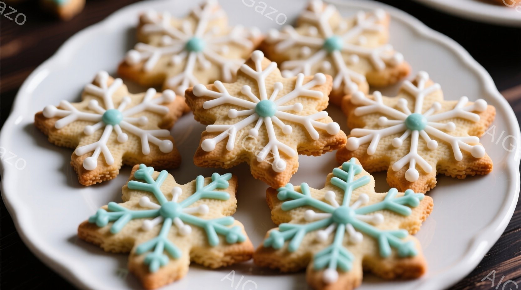 白いお皿の上に、雪の結晶の形をしたクッキーが並んでいます。クッキーは金色で、中央には水色のアイシング、周りには白いアイシングで繊細な模様が描かれています。背景は木製のテーブルで、冬の暖かく優しい雰囲気を醸し出しています。