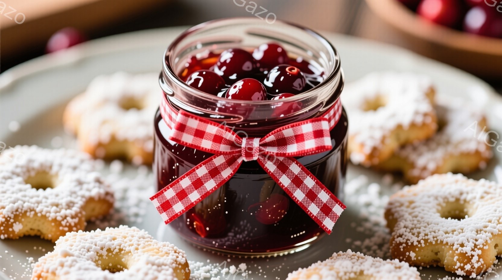 鮮やかな赤いチェリージャムが透明な瓶にたっぷり詰まっており、ギンガムチェックの赤いリボンが可愛らしく結ばれています。瓶の周りには、砂糖がふりかけられたクッキーが散りばめられており、明るい色合いと砂糖の輝きが食欲をそそります。全体的に温かく、甘くて心地よい雰囲気が漂っています。
