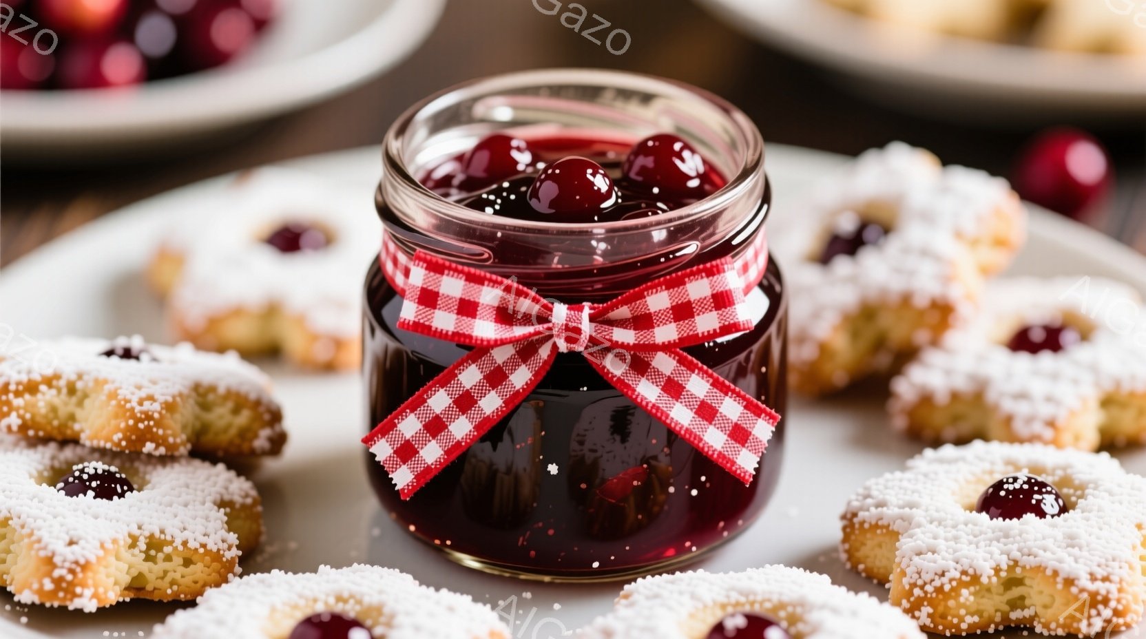 鮮やかな赤いチェリージャムが詰まったガラス瓶が、白いギンガムチェックのリボンで飾られています。周囲には、粉砂糖がかかった、チェリーが中央に飾られた焼き菓子が円状に並べられています。全体的に暖かく、家庭的な雰囲気で、デザートの美味しさが伝わってきます。