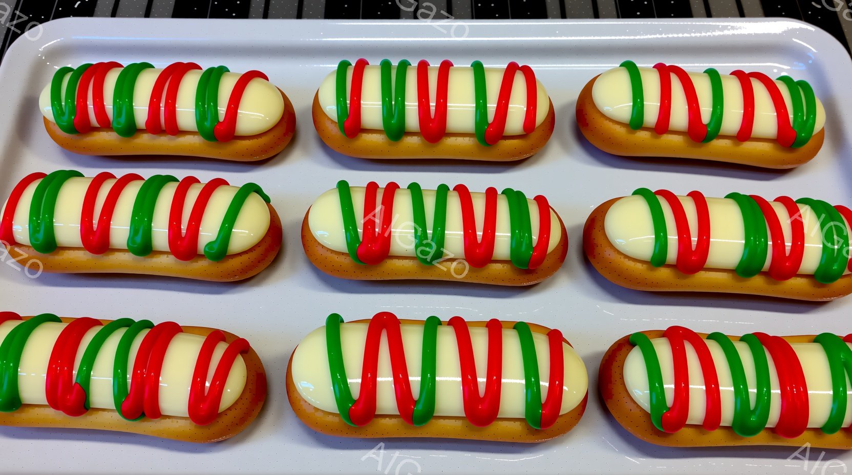 緑と赤のアイシングが施されたエクレアが整然と並んでいます。クリーム色のフィリングが覗き、焼き色のついた生地とのコントラストが食欲をそそります。背景は銀色のトレイで、クッキングシートが敷かれており、お菓子作りやカフェの雰囲気が感じられます。