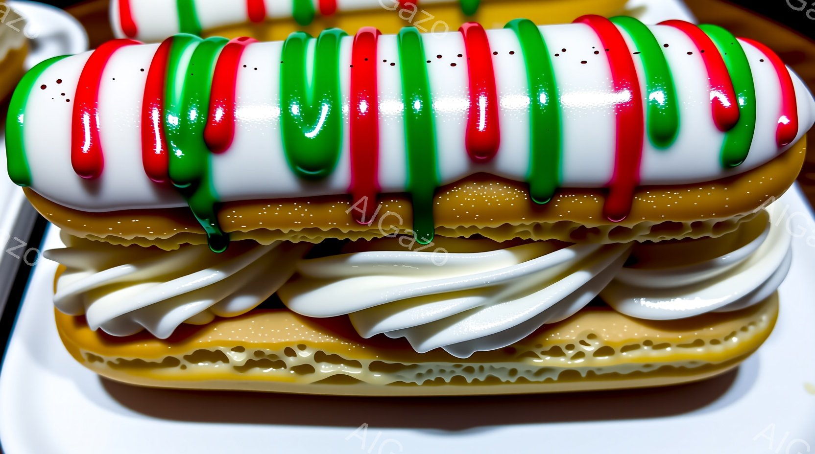 鮮やかな緑と赤のアイシングが、白いアイシングの上に規則的に垂れ下がった、美味しそうなケーキのクローズアップ写真です。ケーキは黄金色でサクサクとした生地でできており、底にはふんわりとしたクリームが絞られています。全体的に、クリスマスやホリデーシーズンを連想させる、華やかで食欲をそそる雰囲気です。