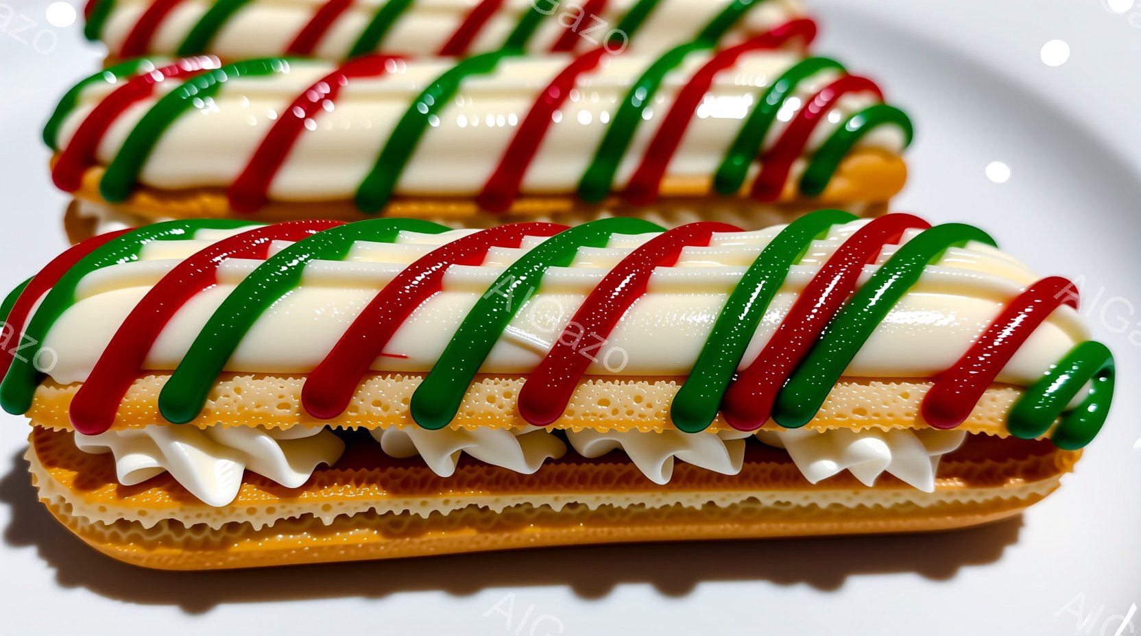 鮮やかな緑と赤のアイシングが施されたシュークリームが2つ、白い背景の上に並んでいます。シュー生地は金色の美しい色合いで、アイシングの下にはクリームがたっぷり詰まっているようです。全体的にクリスマスや冬のホリデーシーズンを想起させる、華やかで可愛らしい雰囲気です。