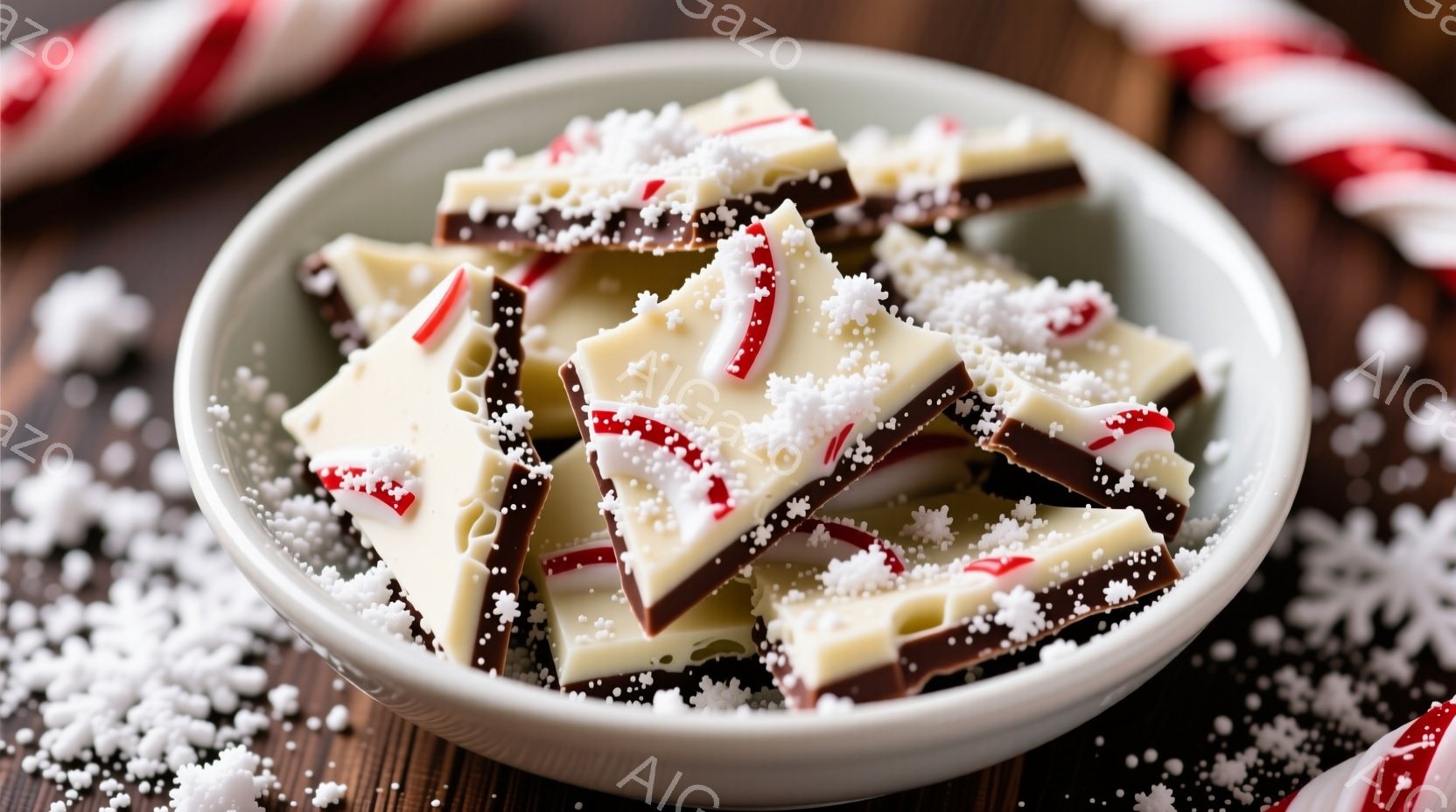 白いお皿に、砕いたキャンディケーンとチョコレートでできた、カラフルなキャンディケーンバークが盛り付けられています。チョコレートとホワイトチョコレートの層が交差し、砕いた赤と白のキャンディケーンがアクセ - AI生成フリー素材