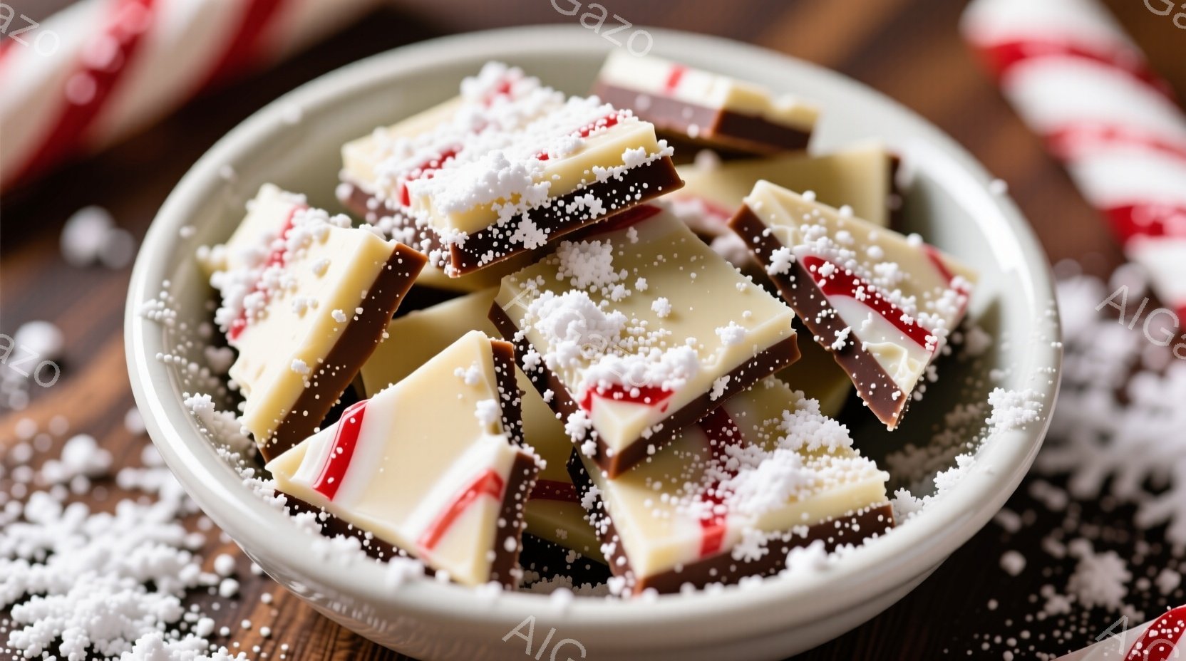 白いお皿に、赤と白のストライプが入ったチョコレートが不規則に並べられています。チョコレートの上には粉砂糖がふりかけられ、まるで雪が積もったような印象を与えます。背景には、キャンディケーンのストライプがわずかに見え、冬のホリデーシーズンを連想させる暖かく甘い雰囲気が漂っています。