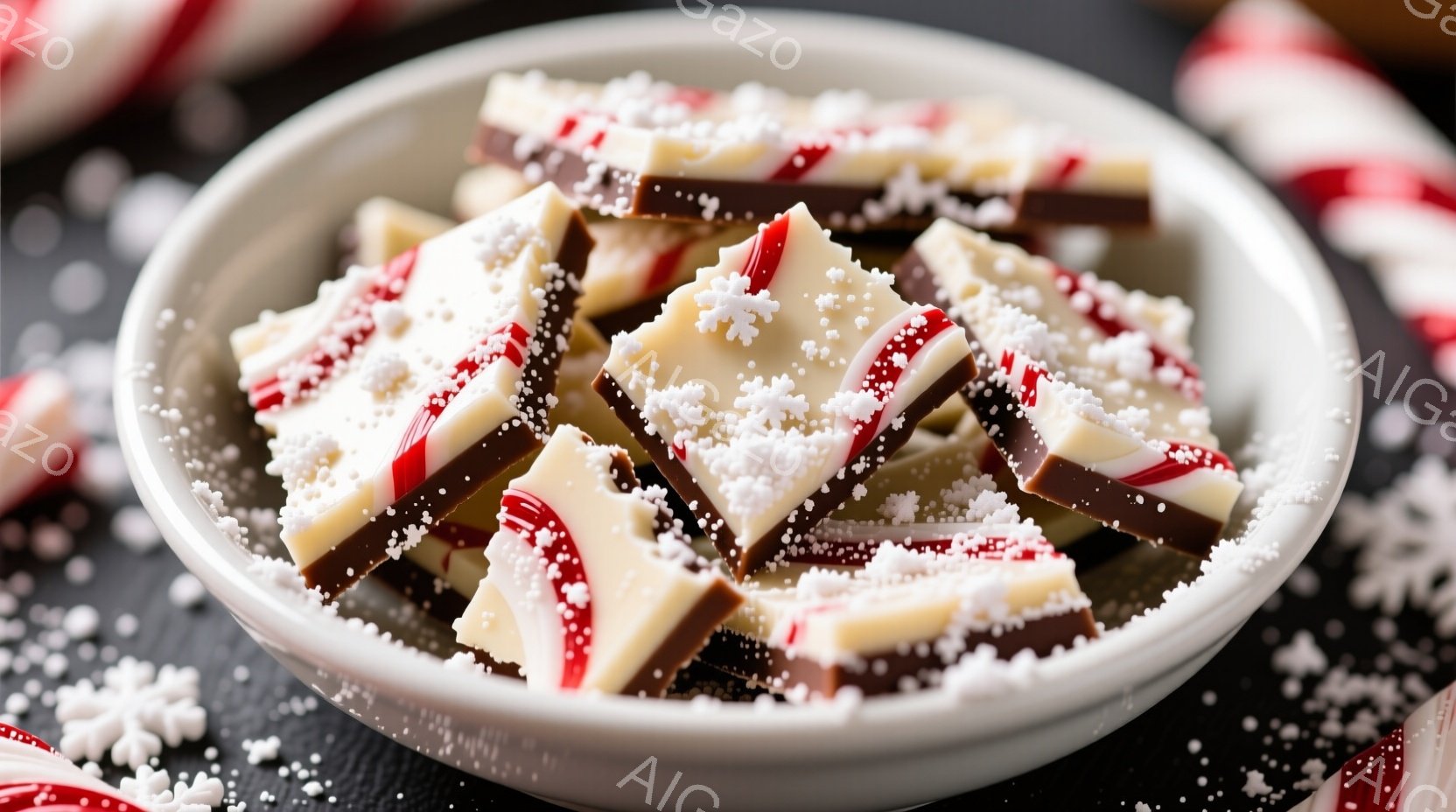 白いお皿に、赤と白のストライプ模様が特徴的なペパーミントチョコレートが積み重ねられています。チョコレートの上には粉砂糖が振りかけられ、冬のホリデーシーズンを連想させる暖かく甘い雰囲気です。背景には、キャンディケーンと雪の結晶が散りばめられており、全体的に華やかで食欲をそそる印象を与えます。
