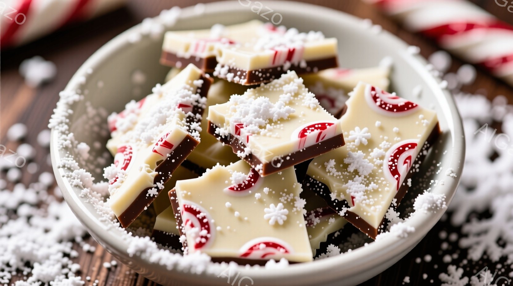 白いボウルに、ペパーミントキャンディがトッピングされたチョコレートが不規則な形に割って入っています。チョコレートは白とダークチョコレートの層になっており、ボウル全体に粉砂糖が降り積もっているように見えます。背景はぼやけていますが、木製の表面の一部が見え、全体的に冬のホリデーシーズンを彷彿とさせる温かく甘い雰囲気です。