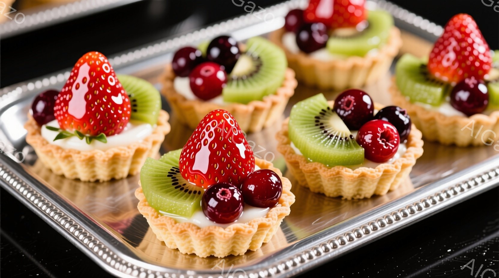 見た目も華やかなタルトが銀色のトレーの上に並べられています。それぞれのタルトには、クリームが塗られ、イチゴ、キウイ、赤いベリーが飾られています。全体的に明るく、甘くて美味しそうな雰囲気が漂っています。
