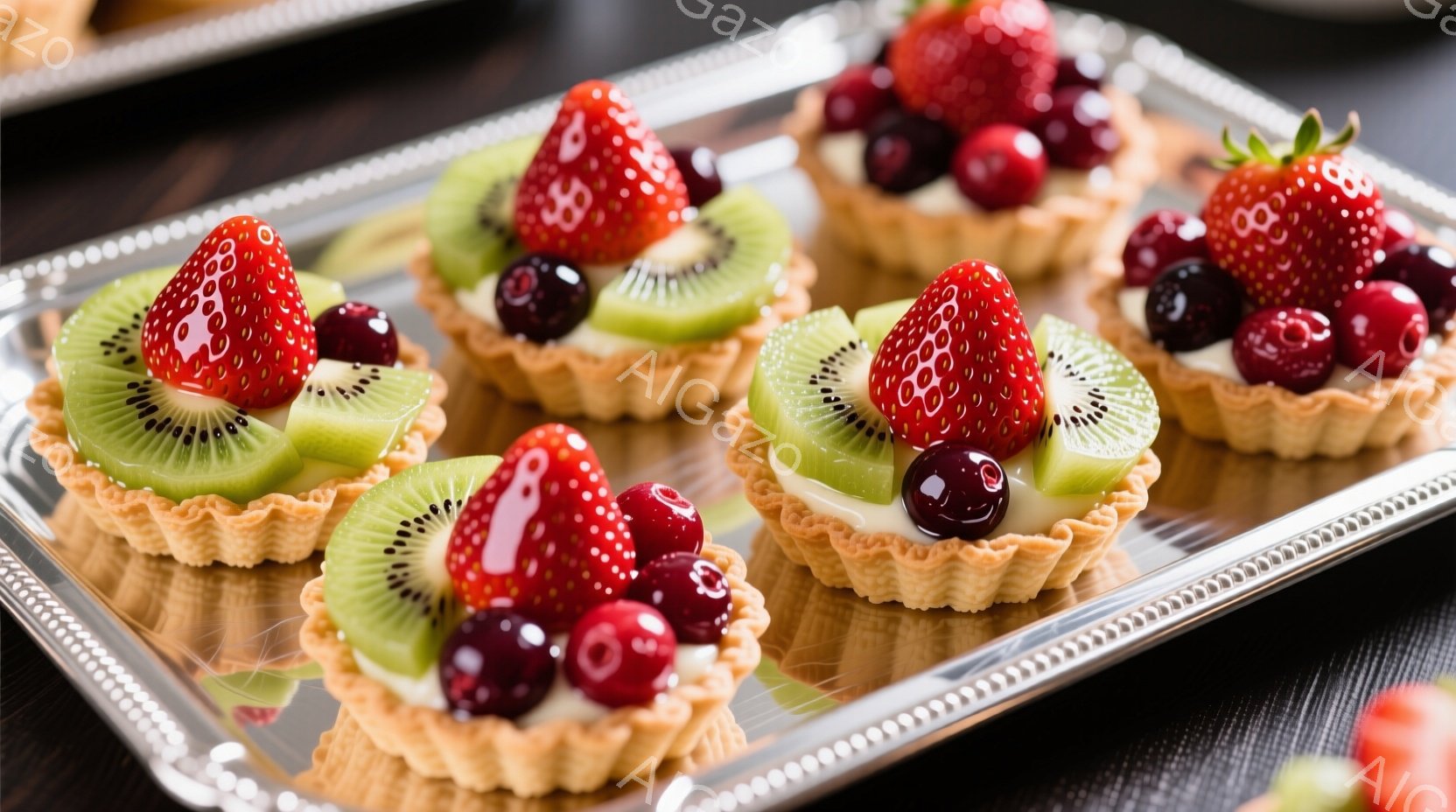 鮮やかな赤いトレイの上に、可愛らしいフルーツタルトが並んでいます。タルトは、キウイ、イチゴ、赤いベリー類で飾られており、白いクリームが添えられています。全体的に明るく、食欲をそそる雰囲気で、お菓子作りやパーティーに最適な光景です。