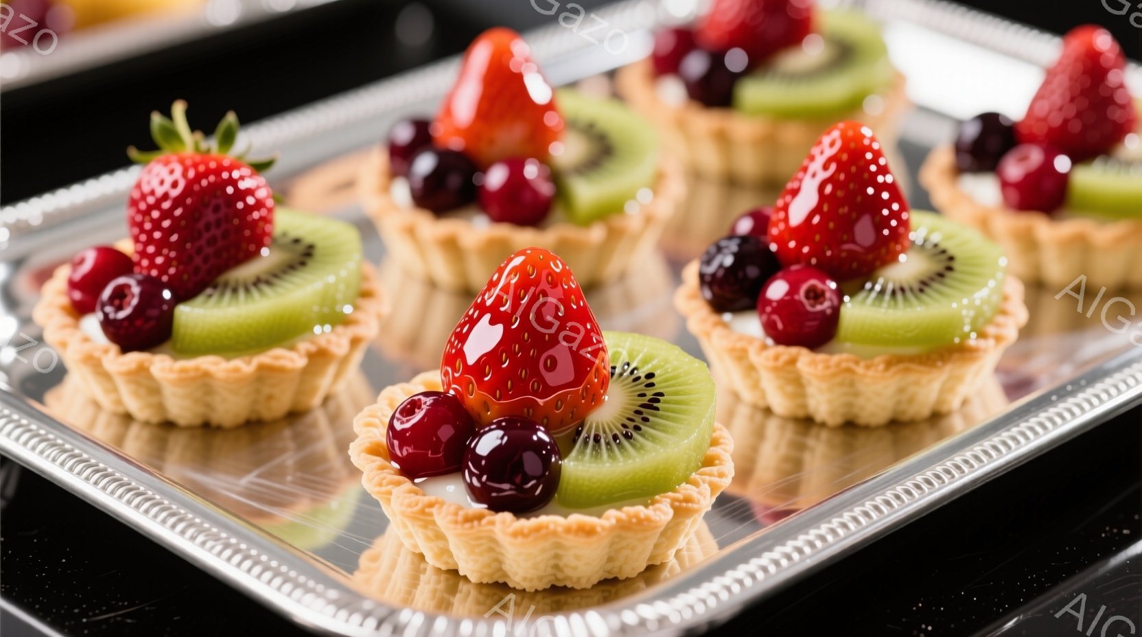 鮮やかな赤いイチゴと紫色のチェリーが飾られた、小さくて可愛らしいタルトがいくつか並んでいます。タルト生地は黄金色で、緑色のキウイフルーツとのコントラストが印象的です。黒色の背景に銀色のトレイが反射して - AI生成フリー素材