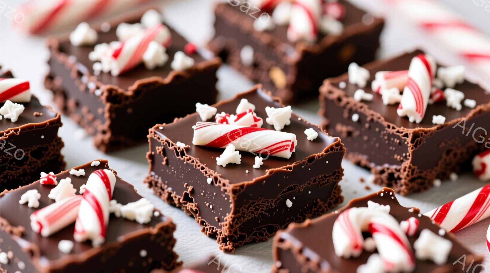 チョコレートの破片が散りばめられた、四角いチョコレート菓子が多数並べられています。それぞれのチョコレートの上には、赤と白の縞模様のペパーミントキャンディと白いチョコレートの小さな破片が飾られています。背景はぼかした灰色で、全体的に冬のホリデーシーズンを連想させる温かみのある雰囲気です。