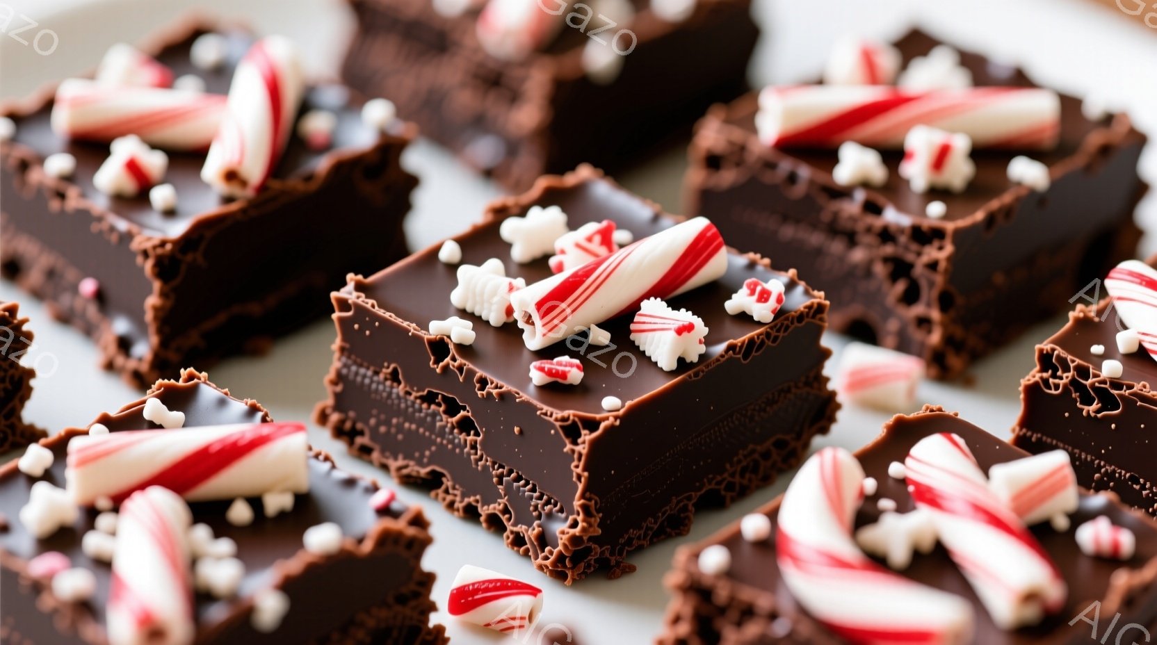 チョコレートのバーク菓子が写っており、濃い茶色のチョコレートに砕いたペパーミントキャンディと白いスプリンクルが散りばめられています。これらのチョコレートバークは不規則な形にカットされており、クリスマス - AI生成フリー素材