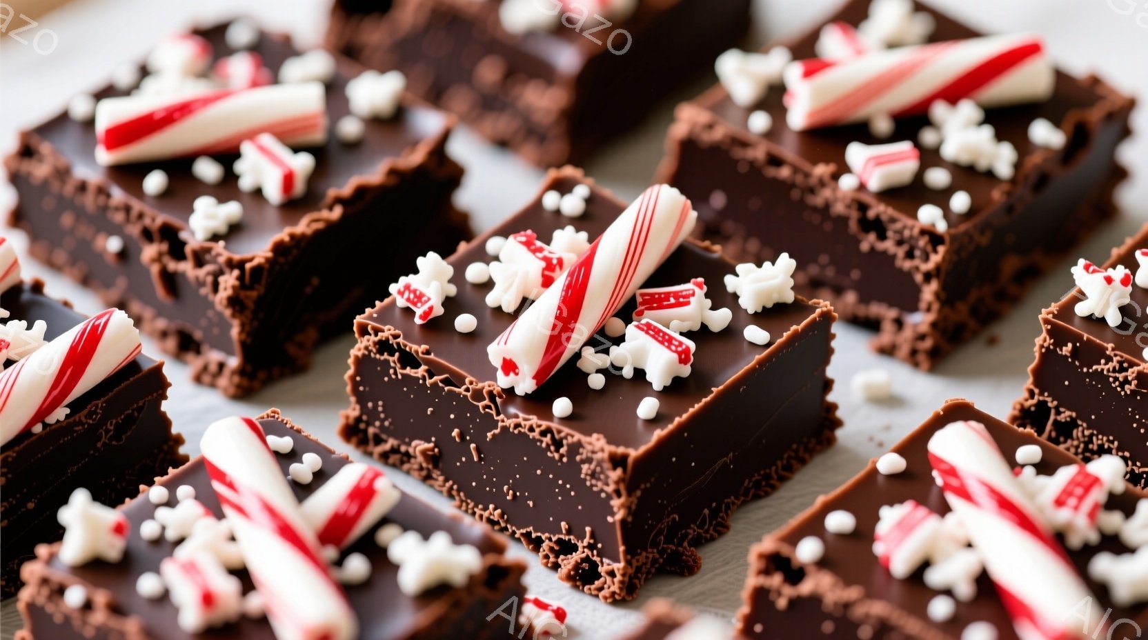 チョコレートブラウニーが並べられたクローズアップ写真です。それぞれにペパーミントキャンディと白いスプリンクルが飾られています。背景はぼかされており、お菓子に焦点が当たっています。