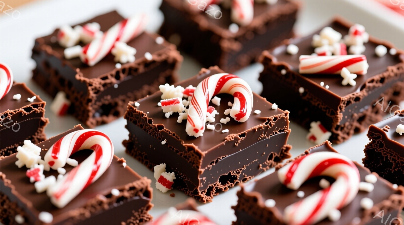 ペパーミントキャンディと白いスプリンクルで飾られた、濃厚なチョコレートブラウニーのクローズアップです。ブラウニーは四角くカットされ、表面に光沢があり、美味しそうに見えます。背景はぼやけていますが、明る - AI生成フリー素材