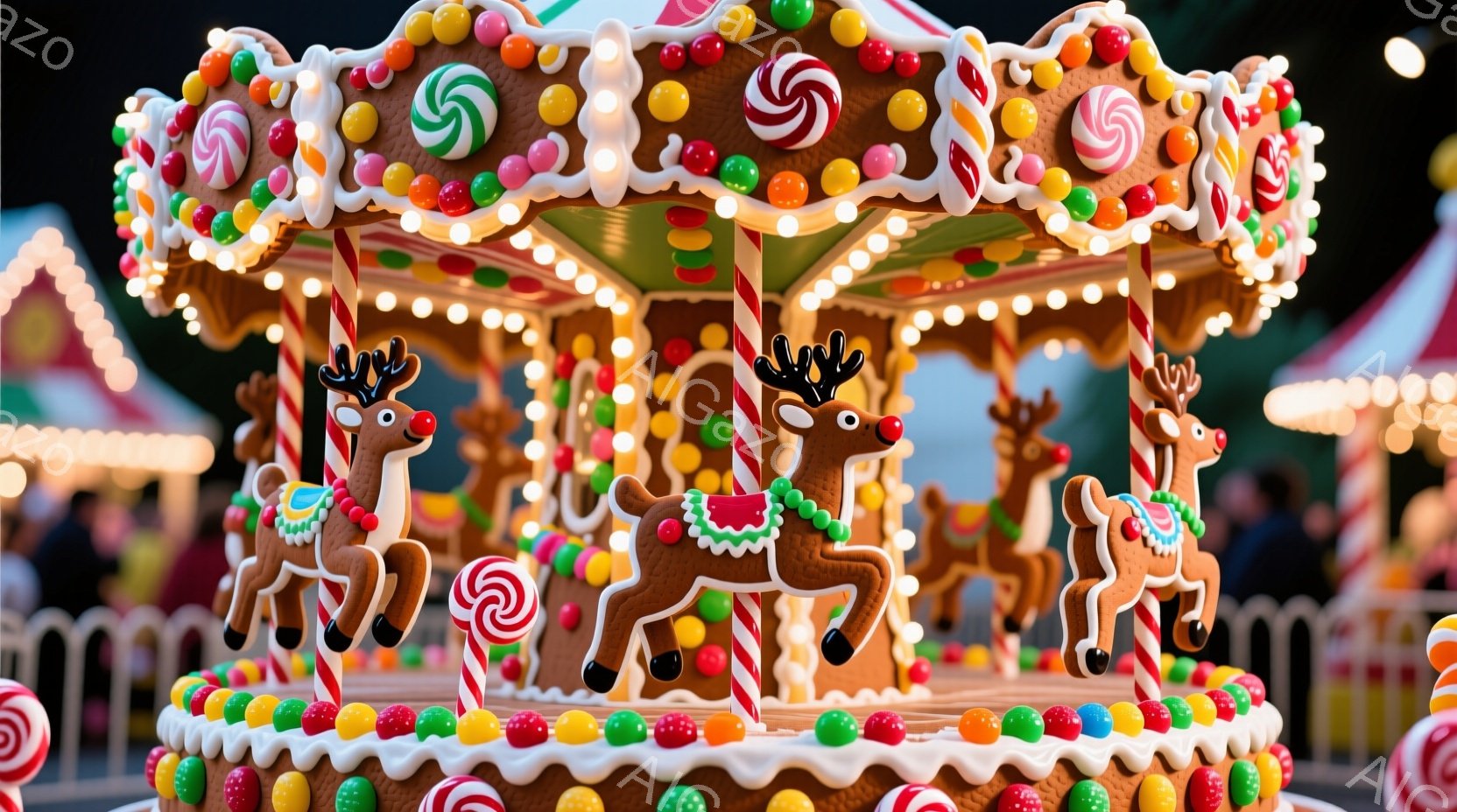 巨大なジンジャーブレッド風のメリーゴーラウンドが、カラフルなキャンディーやアイシングで飾られています。鹿の形をした乗り物が回転しており、背景にはぼやけた遊園地の建物や人々が見え、まるで夢のような雰囲気 - AI生成フリー素材