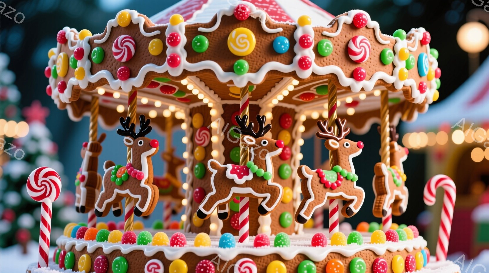 ジンジャーブレッドで作られたメリーゴーランドが写っており、可愛らしい鹿のモチーフが乗り物として配置されている。メリーゴーランドはカラフルなキャンディーやグミで飾られ、全体的に温かかく、お祭り気分を呼び起こすような雰囲気が漂っている。背景には雪景色とぼんやりとした建物のシルエットが見え、冬の魔法のような世界観が演出されている。