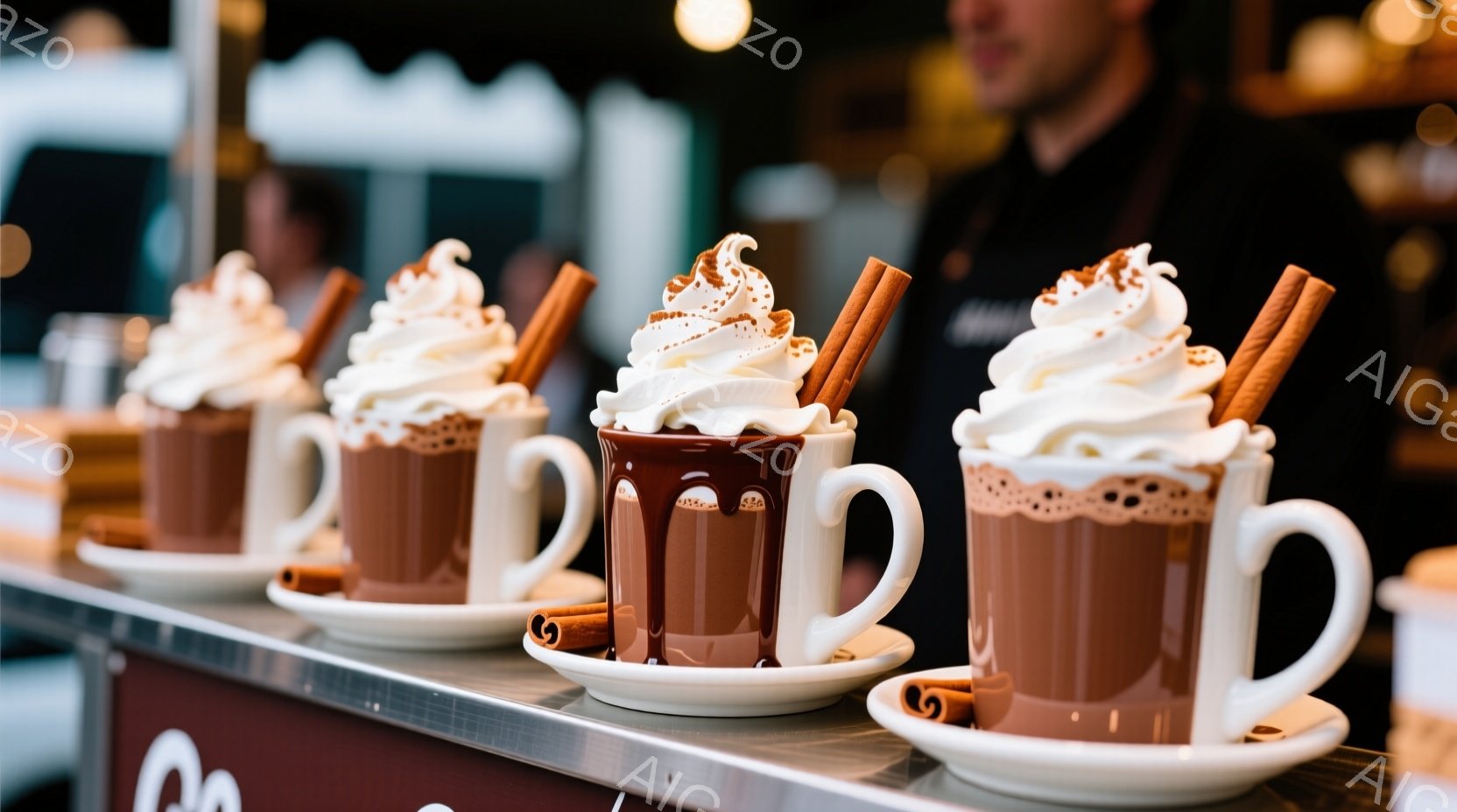 チョコレート色のホットチョコレートが、白いソーサーに乗って並べられています。それぞれのカップには、たっぷりのホイップクリームが乗っており、シナモンスティックが添えられています。背景にはぼやけた人物と、店内の様子が見え、温かく心地よい雰囲気が漂っています。