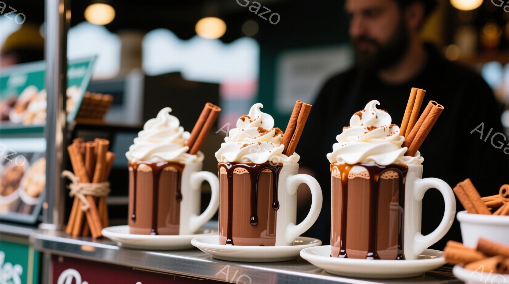 ホイップクリームとシナモンスティックで飾られたホットチョコレートが並んだ白いソーサーが映っています。背景にはぼやけた人物と、チョコレート製品のメニューが並んだカウンターが見え、温かく居心地の良い雰囲気 - AI生成フリー素材