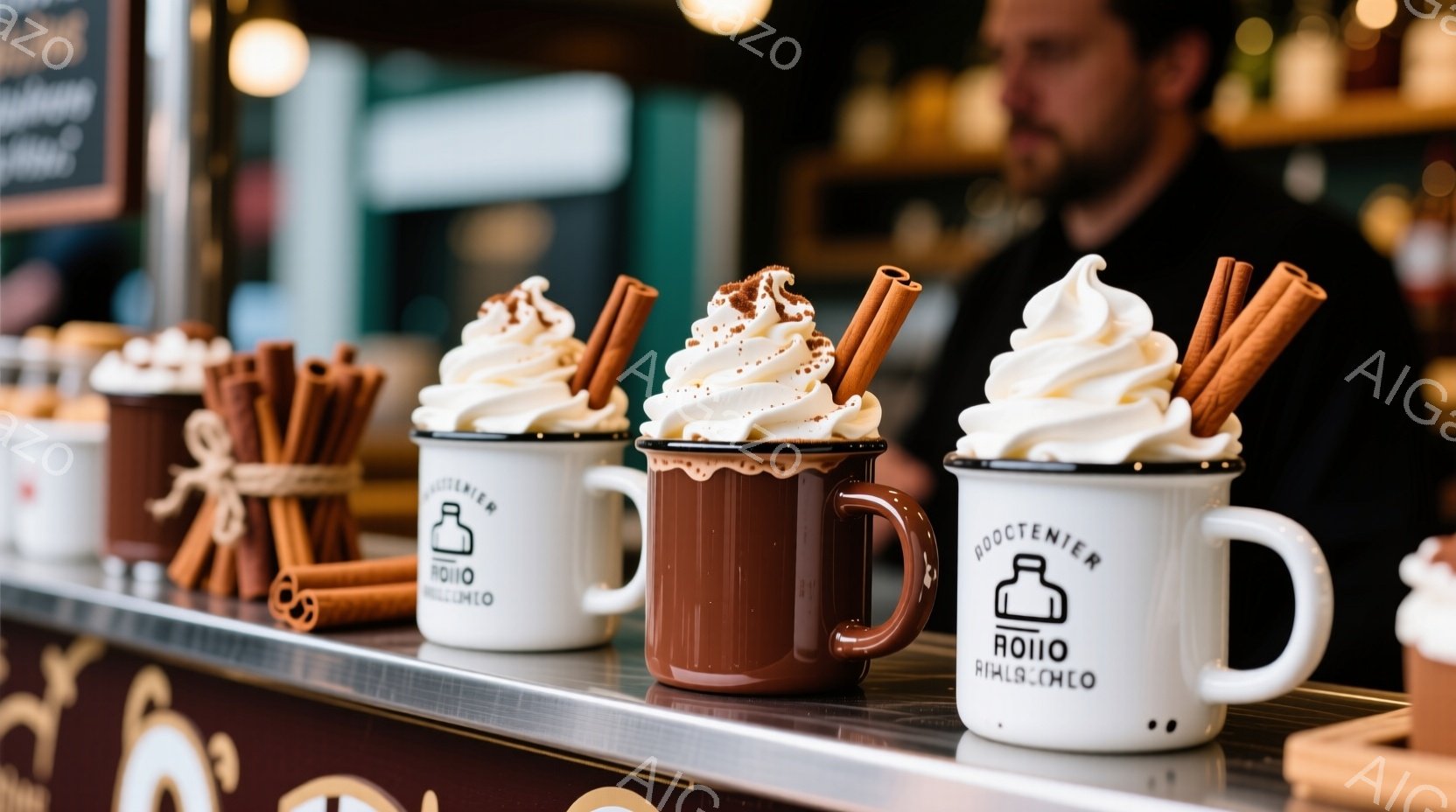 金属製の取っ手と白い縁取りのある茶色のマグカップが並べられています。それぞれのカップには、たっぷりのホイップクリームが乗っており、チョコレートパウダーがふりかけられ、シナモンスティックが添えられていま - AI生成フリー素材