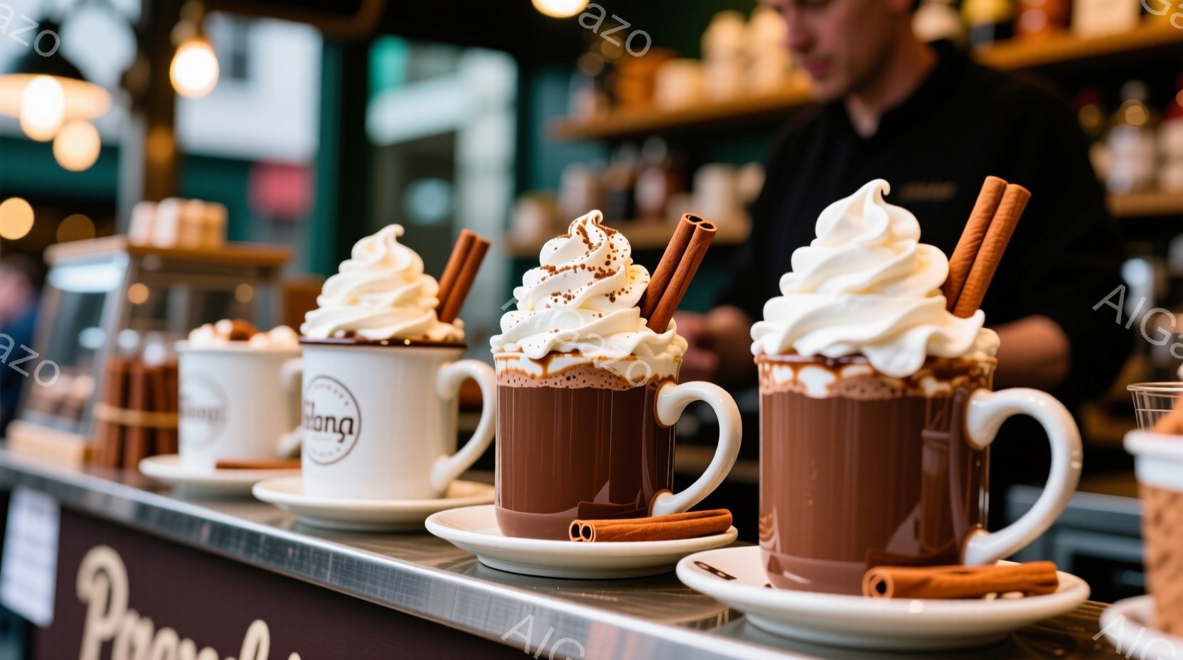 カプチーノやホットチョコレートのような温かい飲み物が、白いソーサーの上に並べられています。それぞれの飲み物には、たっぷりのホイップクリームとシナモンスティックが飾られ、カフェのカウンター上に置かれてい - AI生成フリー素材