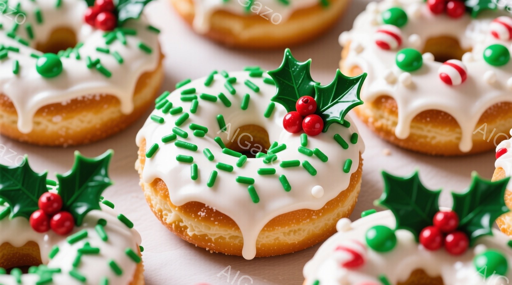 白いアイシングと緑のスプリンクルで飾られたドーナツが数個、白い背景の上に並べられています。それぞれのドーナツには、赤い実のついた葉っぱ（ホーリー）の飾りがあり、クリスマスの雰囲気を醸し出しています。アイシングは溶け出し気味で、手作り感のある温かい印象を与えます。