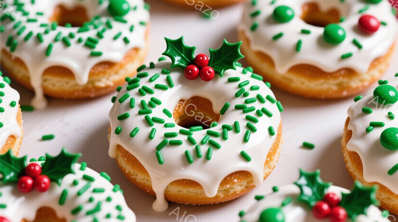 白いアイシングがかかったドーナツが複数、白い背景に並べられています。緑色のスプリンクルと赤い実のついたホーリーの飾り付けが施されており、クリスマスの雰囲気を醸し出しています。ドーナツはふんわりとした食 - AI生成フリー素材