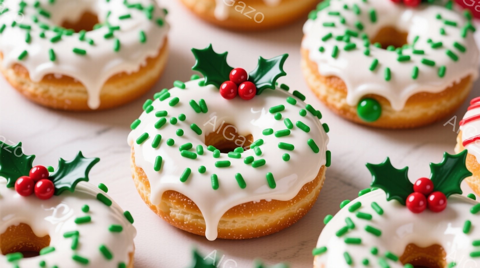 白いアイシングと緑色のスプリンクルで飾られたドーナツが複数並んでいます。それぞれのドーナツには、赤い実と緑の葉で飾られたホーリーが載せられています。背景は白い大理石のような表面で、全体的にクリスマスや - AI生成フリー素材
