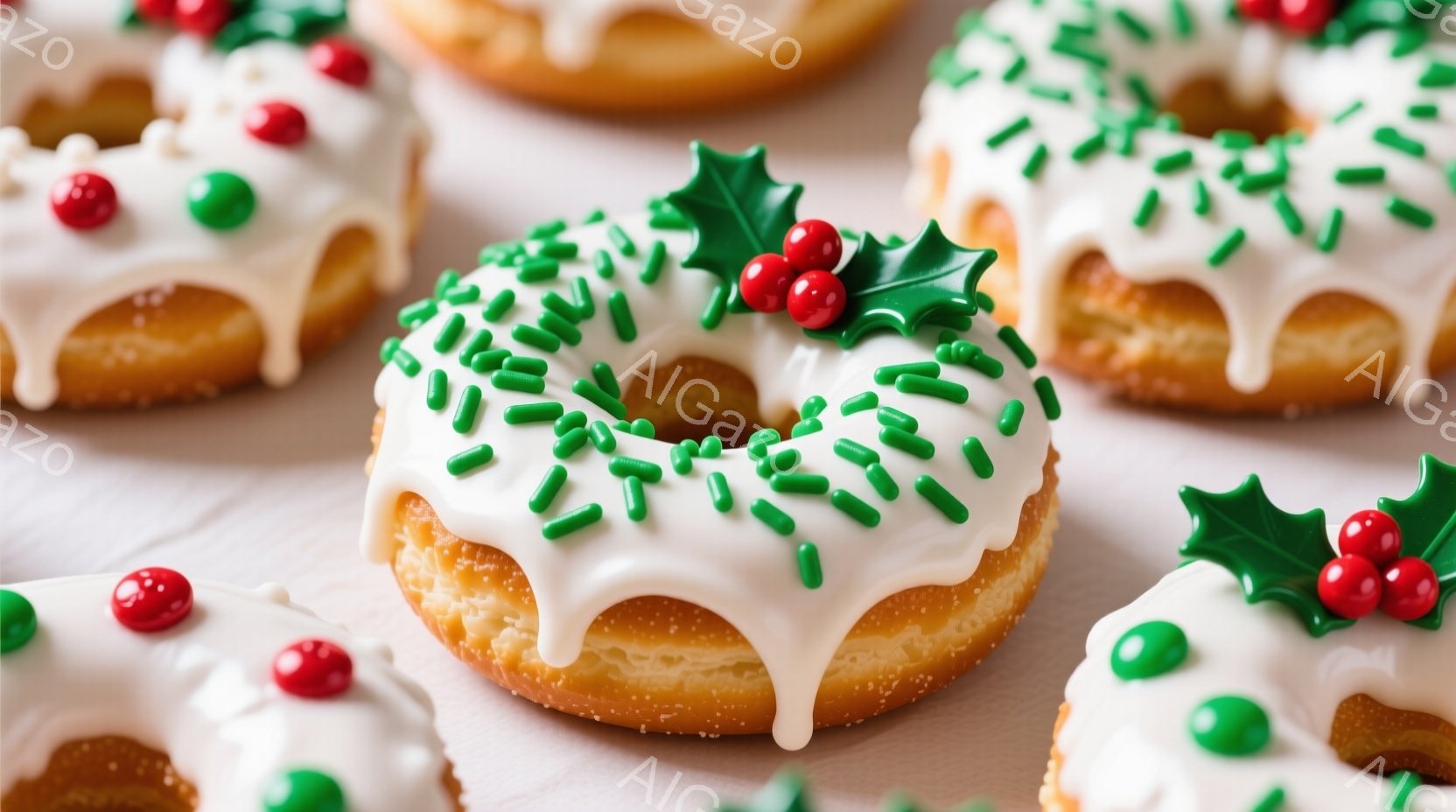 白いアイシングと緑のスプリンクル、そして赤い実が付いたドーナツが複数並んでいます。ドーナツは黄金色で揚げたてのように見え、アイシングがところどころ垂れ下がっています。全体的にクリスマスの装飾が施されて - AI生成フリー素材