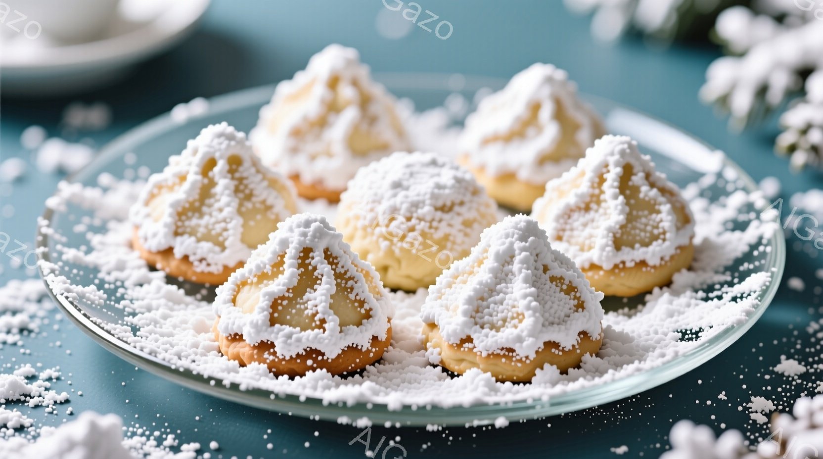 透明な皿の上に、砂糖で覆われた黄色のクッキーが並んでいます。クッキーは丸みを帯びた形をしており、表面は白い砂糖の粒で覆われていて、冬の雪景色を連想させます。背景は淡い青色で、クッキーの温かみを引き立て - AI生成フリー素材