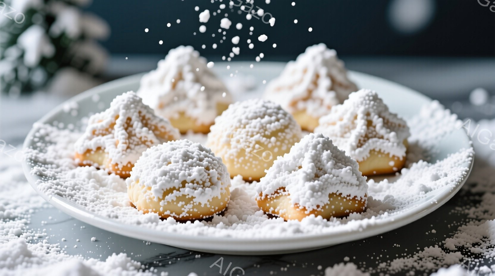 柔らかい青色の皿の上に、粉砂糖をたっぷりとかけた焼き菓子が並べられています。焼き菓子は丸みを帯びた形をしており、表面は白く、見た目も可愛らしいです。背景はぼかされており、冬の雰囲気を醸し出しています。