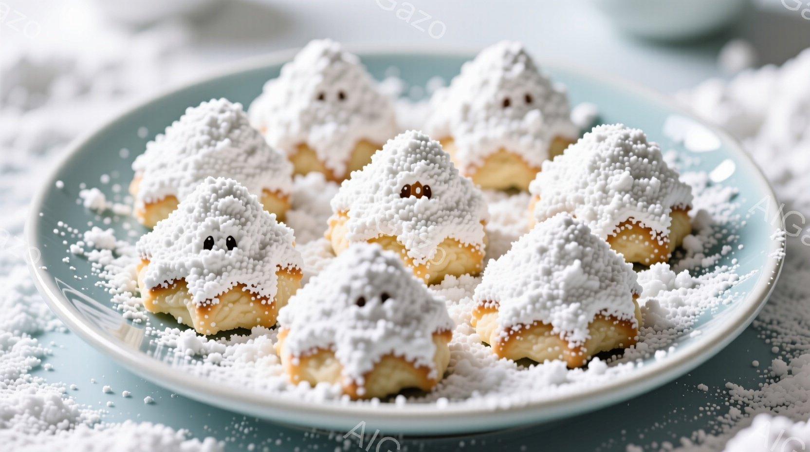 浅いターコイズブルーの皿に、砂糖で覆われた白いお菓子のグループが並んでいます。それらは幽霊のような形をしており、黒い目で愛らしい表情を見せています。お菓子全体が砂糖で覆われているため、雪が降るような冬 - AI生成フリー素材