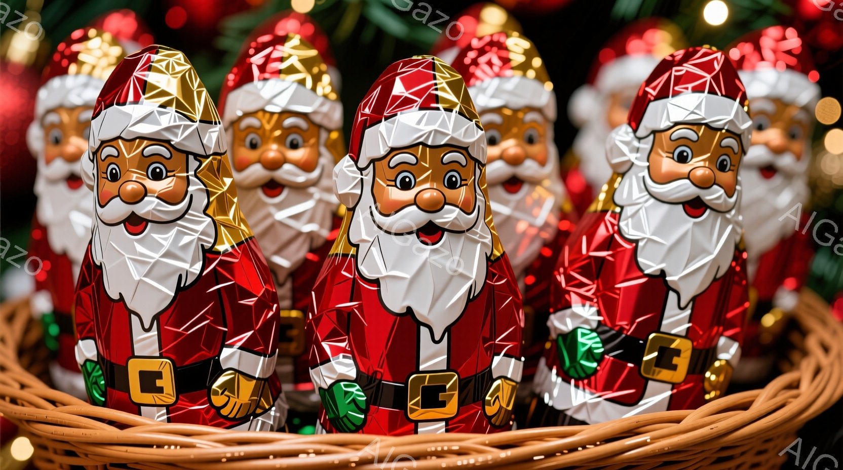 鮮やかな赤い包装紙に包まれたサンタクロースのチョコレートが、編み込まれたバスケットに並んでいます。サンタたちは白いひげと笑顔で、黒いベルトでウエストを締めており、それぞれ少しずつ傾いています。背景には - AI生成フリー素材