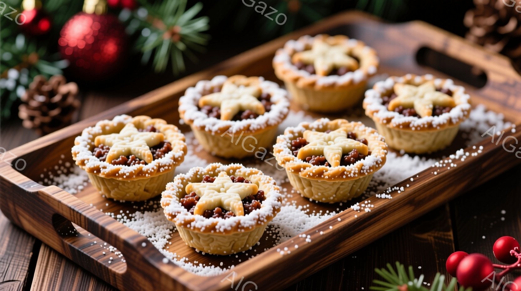 濃い木製のトレーの上に、クリスマスのミニパイが整然と並べられています。パイは金色に焼かれ、赤いジャムのようなフィリングが中央に輝き、星型のカットアウトが施されています。周りには白い砂糖が散りばめられ、背景にはクリスマスオーナメントや赤い実、緑の葉が見え、冬の暖かくお祝いの雰囲気を感じさせます。