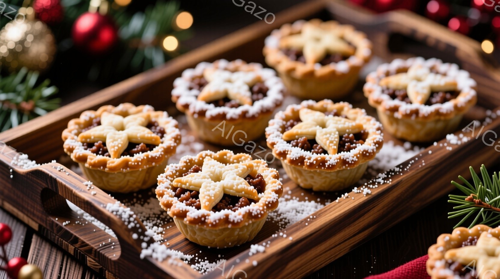 焼きあがったミニパイが、木製のトレイの上に整然と並べられています。それぞれのパイには星形のカットが施され、砂糖のような白い粒々が散りばめられています。背景には、クリスマスツリーの枝や赤い装飾が見え、冬の暖かい雰囲気が漂っています。