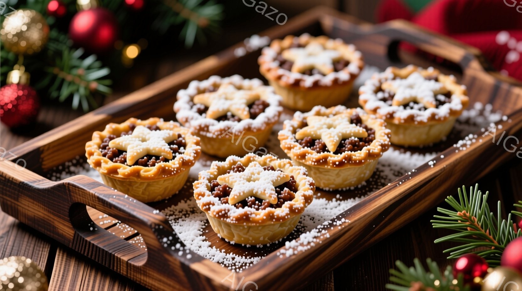焼き菓子が木製のトレーに整然と並べられています。それぞれの焼き菓子は星型のカットアウトから覗くフィリングが見え、粉砂糖が全体にふりかけられています。背景にはクリスマスツリーの葉やオーナメントが見え、温 - AI生成フリー素材