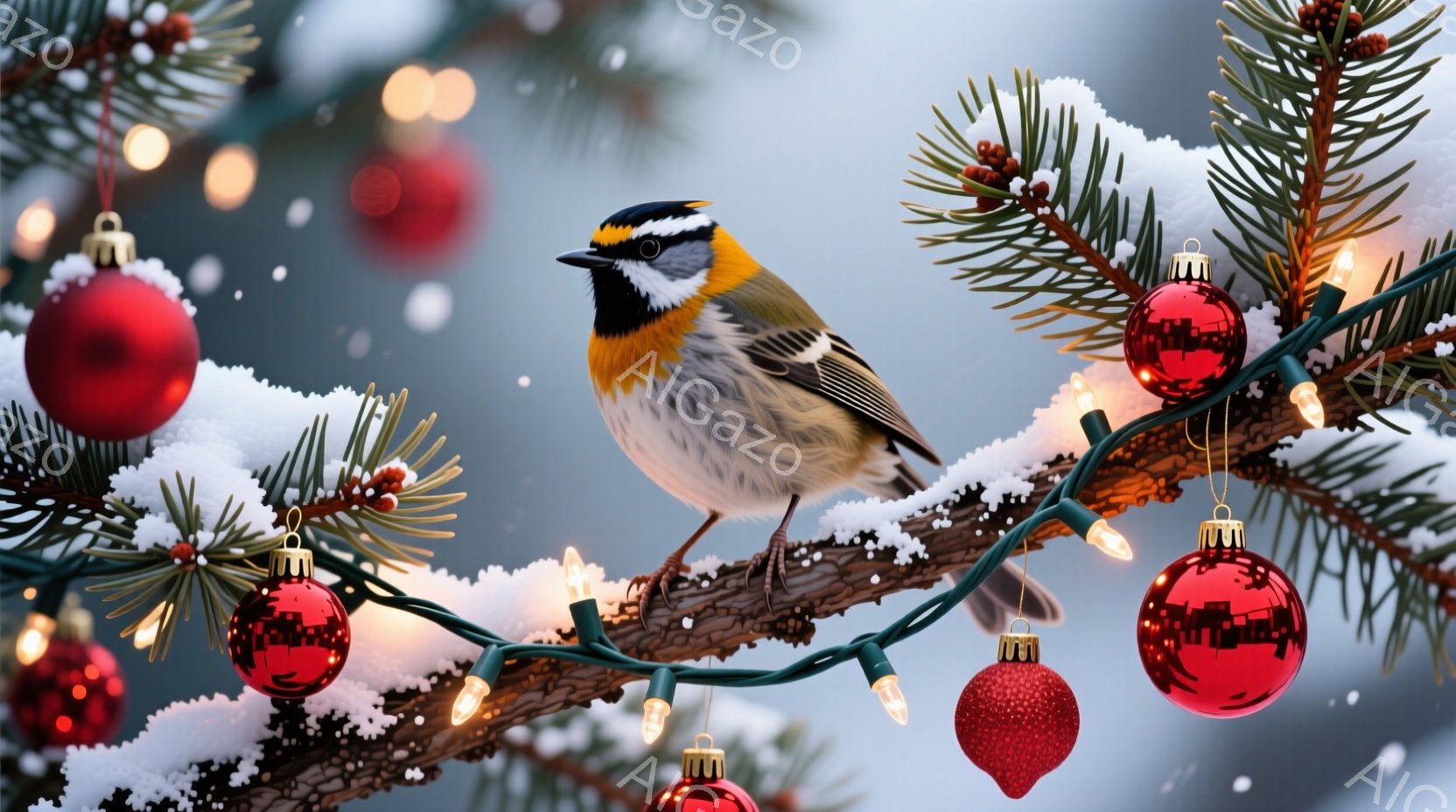 雪化粧された針葉樹の枝に、赤いオーナメントと電飾が飾られ、その上に一羽の美しい鳥がとまっています。鳥は頭に黒い線が入った黄色い顔、灰色の背中と白い腹部を持ち、枝にしっかりと足を踏ん張っています。背景はぼやけており、冬の穏やかな雰囲気が漂っています。