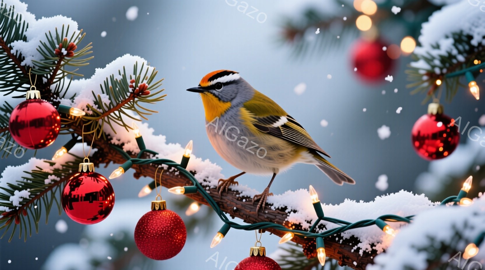 雪化粧された針葉樹の枝に、赤いオーナメントと電飾が飾られ、その上に一羽の鳥が止まっています。鳥は灰色と白の羽毛を持ち、頭には黒い縞模様があり、鮮やかな黄色い胸が印象的です。背景はぼやけており、雪が舞う冬の景色が感じられ、全体的に暖かく、お祝いムードに満ちた雰囲気です。