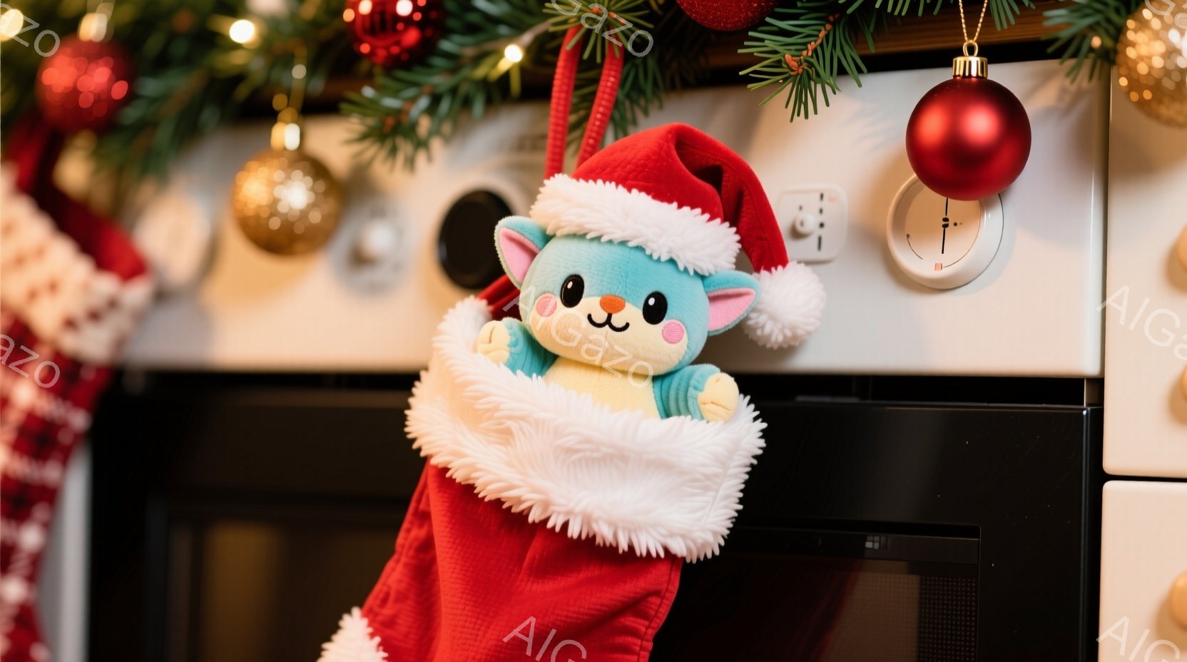 赤いクリスマスストッキングから、水色のふわふわした猫のぬいぐるみのお顔と腕が出ています。ぬいぐるみは赤いサンタ帽をかぶり、にっこりと微笑んでおり、とても可愛らしい印象です。背景にはクリスマスツリーの飾りと黒い家電製品が見え、温かく楽しいクリスマスの雰囲気が漂っています。