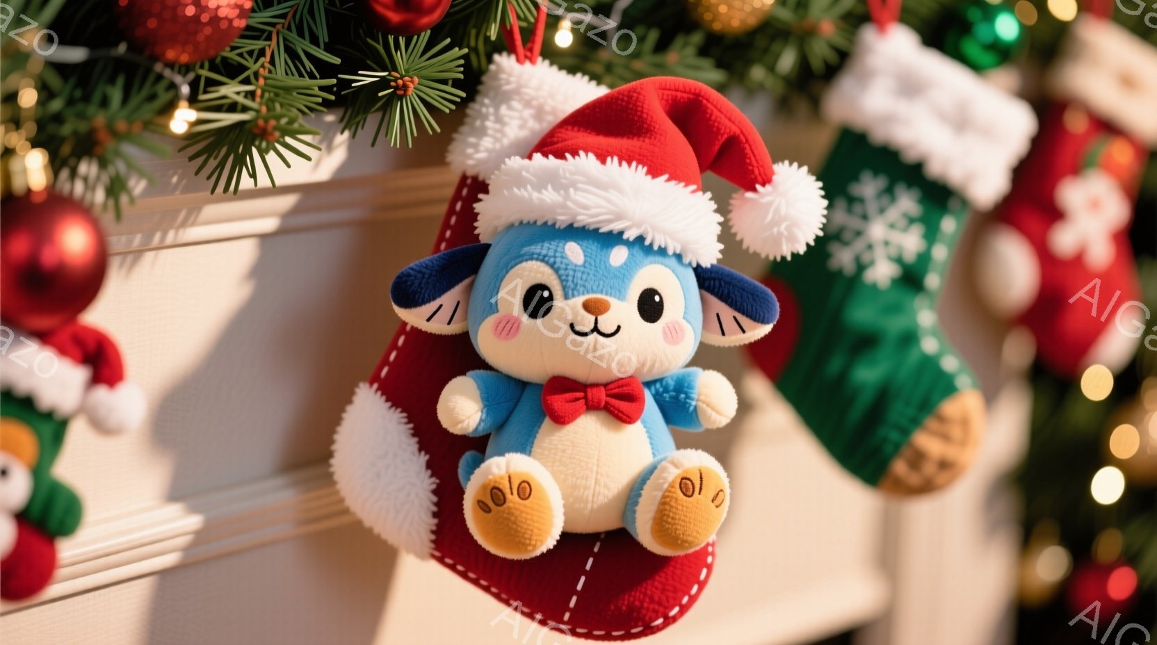 青い犬のぬいぐるみは、赤いクリスマス柄の靴下の中に座っており、小さな赤い蝶ネクタイとサンタ帽をかぶっています。背景には、緑色の木と赤いオーナメントが見え、クリスマスの飾り付けが施されています。全体的に温かく、お祝いの雰囲気で、クリスマスの喜びを感じさせます。