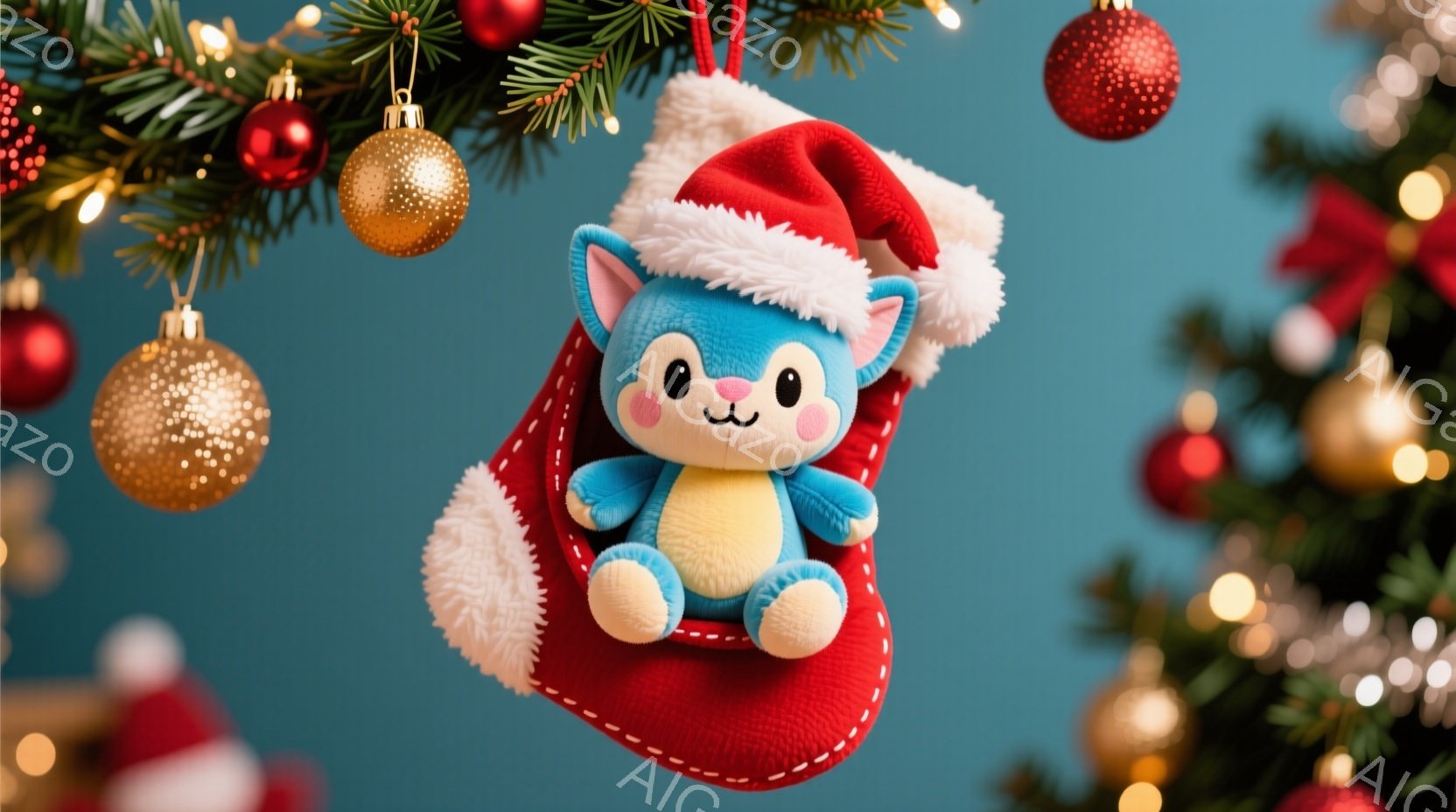 真っ赤なクリスマスソックスの中に、水色のふわふわした猫のぬいぐるみが入っています。猫のぬいぐるみはサンタ帽をかぶり、可愛らしい表情で座っており、ソックスの白い縁取りがアクセントになっています。背景にはクリスマスツリーの緑と金色のオーナメントが散りばめられており、暖かく華やかなクリスマスの雰囲気が漂っています。