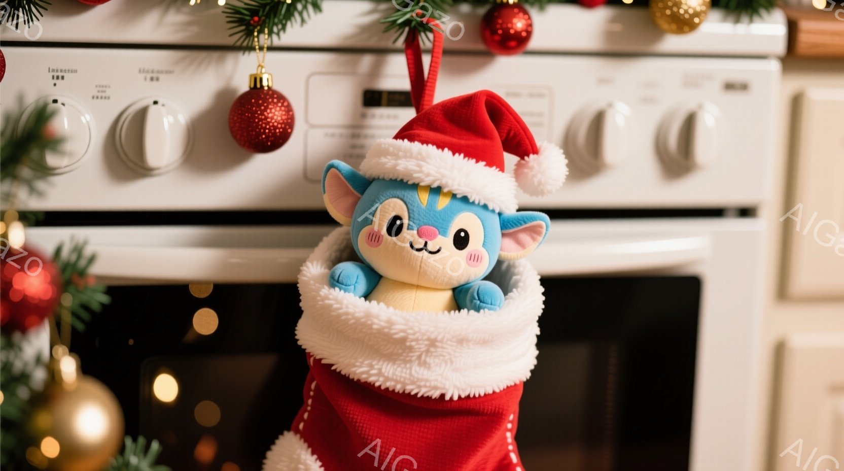 赤いクリスマスストッキングの中に、水色のふわふわしたキャラクターのおもちゃが入っています。そのキャラクターは大きな瞳と微笑みを浮かべ、赤いサンタ帽をかぶっています。背景には、クリスマスツリーの飾りと白いオーブンが見え、温かく幸せな雰囲気が漂っています。