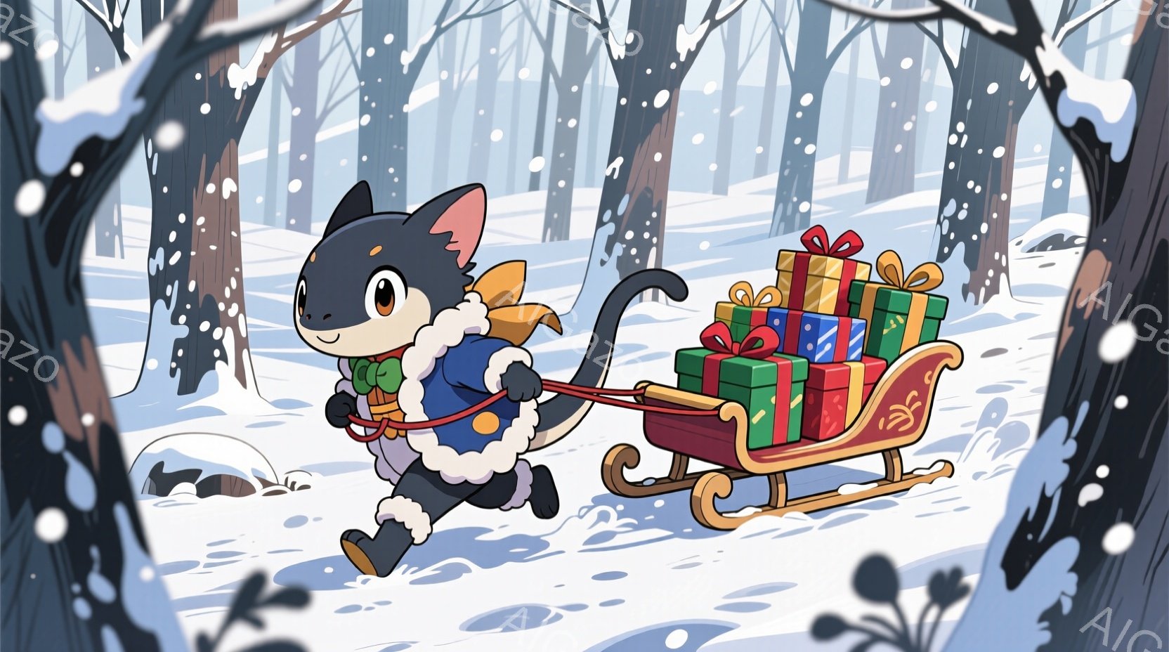 黒猫の少年が雪景色の中、プレゼントを積んだそりを引っ張って走っています。少年は青いジャケットにオレンジ色のマフラーを巻き、耳まで暖かい帽子をかぶっており、嬉しそうな表情をしています。背景は雪に覆われた木々で、雪が舞い散る冬の静かな森の雰囲気が漂っています。