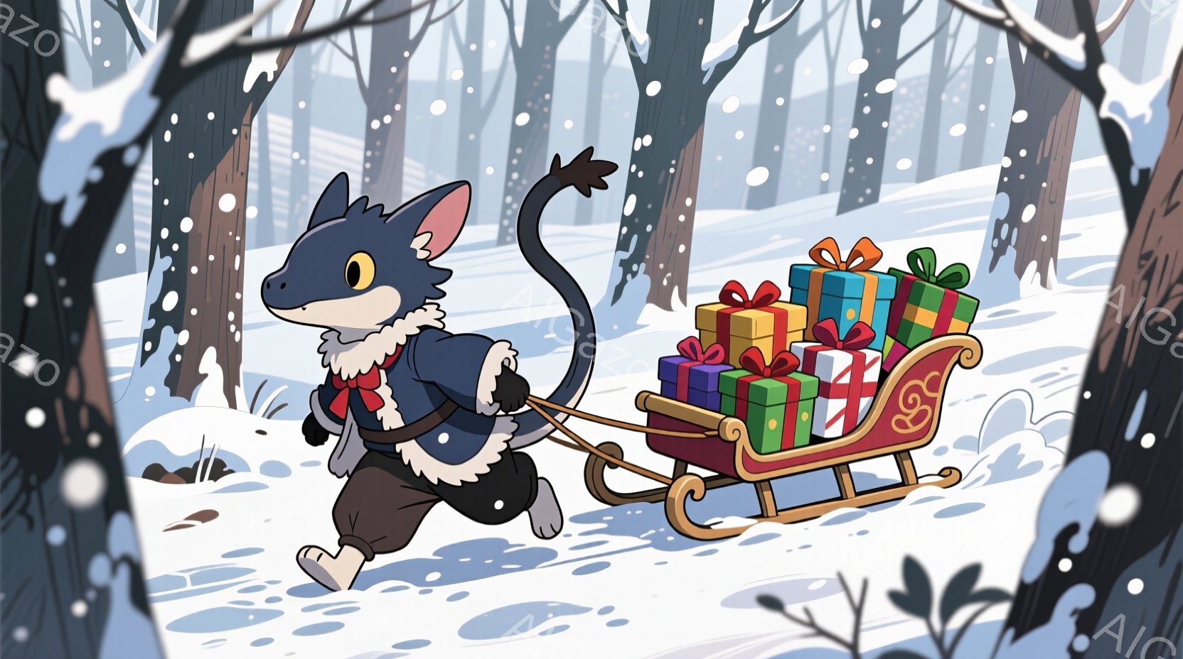 雪景色の中、黒い猫のようなキャラクターが赤いそりを引いています。キャラクターは白い襟付きのジャケットと赤いリボンで飾られ、元気いっぱいに走り、そりには色とりどりのプレゼントが積まれています。背景には雪 - AI生成フリー素材